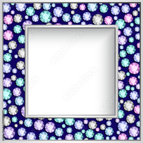 Square frame with diamond jewelry border pattern. Elegant jewellery decoration for wedding invitation card or packaging design. Picture frame template. 