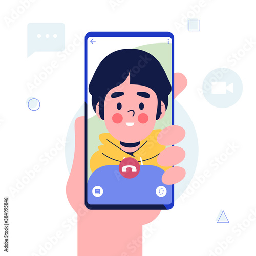 Video call concept. Hand holding Smartphone with happy man on screen. Mobile phone in hand. Isolated on white background. Flat design vector illustration. Flat design vector illustration