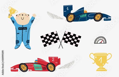 Set with a cute bear racer, race cars, winner cup, speedometer, formula flags. Children's illustration isolated on white background.