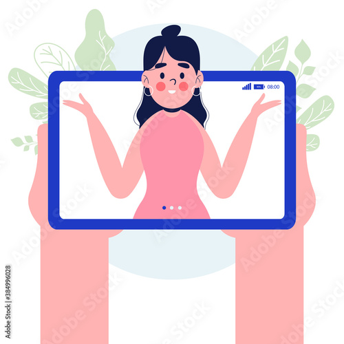 Video call concept. Hand holding tablet pc with woman on screen. Mobile phone in hand. Isolated on white background. Flat design vector illustration