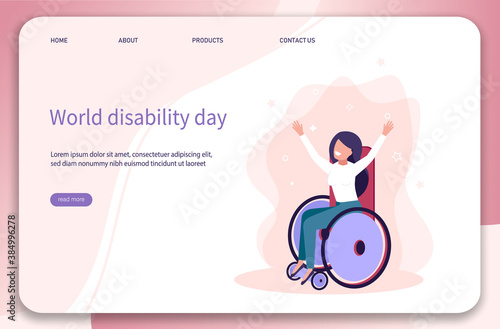 World disability day. Disabled young woman in wheelchair - smiling.