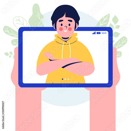 Video call concept. Hand holding tablet pc with happy man on screen. tablet pc in hand. Isolated on white background. Flat design vector illustration