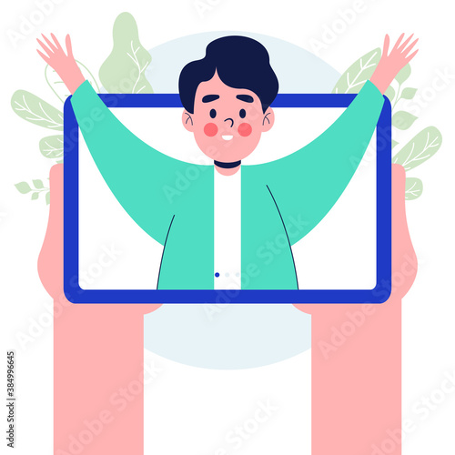 Video call. Hand holding tablet with man on screen. tablet pc in hand. Isolated on white background. Flat design vector illustration