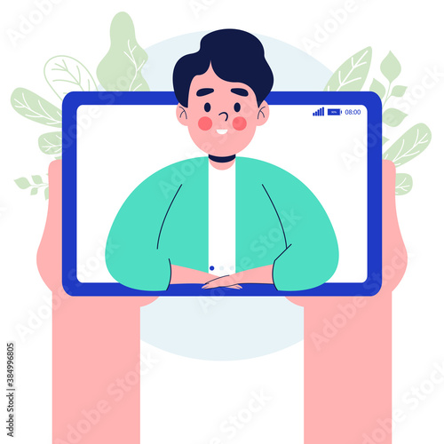 Stay home online video call with man displaying on screen. Tablet pc or video call conversation. Flat design vector illustration