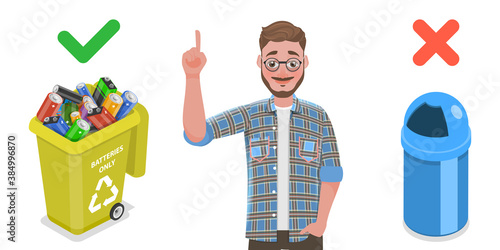 Man with His Index Finger Up is Pointing Out the Importance to Dispose Used Batteries to Special Recycling Locations. 3D Isometric Flat Vector Illustration.