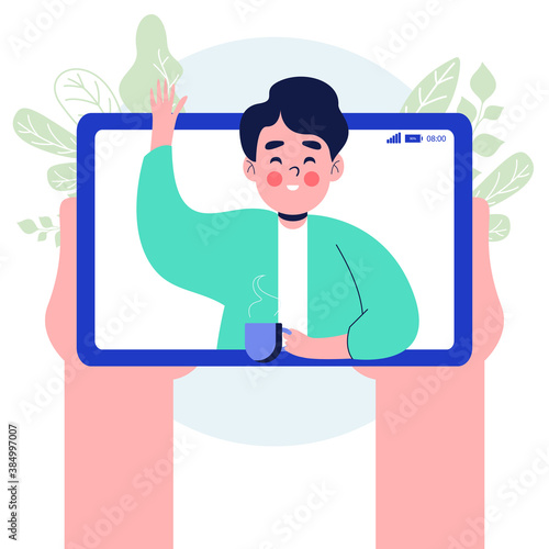 Stay home online video call with man displaying on screen. Tablet pc or video call. Hand holding tablet with man on screen. Flat design vector illustration