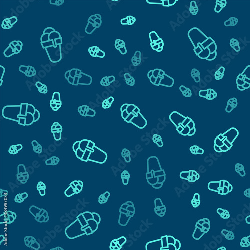 Green line Ice cream in waffle cone icon isolated seamless pattern on blue background. Sweet symbol. Vector.