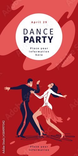Ballroom dancing. Vector illustration of professional dancers. Template of poster, banner, invitation. International Latin: Cha cha, Samba, Rumba, Jive. American Rhythm: Salsa, Mambo. Dance party.