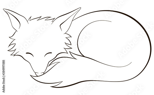 Cute fox sleeping in a curled up pose with closed eyes. Line art illustration for coloring book and page. Black outline on white background, for printing.