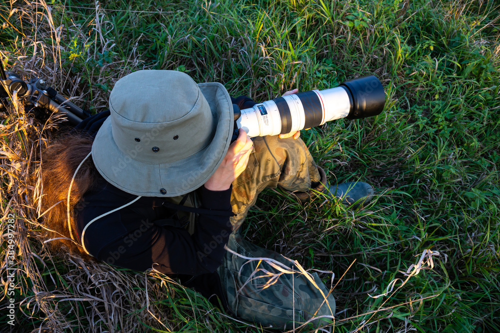 Obraz premium photographer taking pictures of wildlife with a telephoto lens
