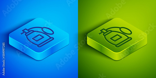 Isometric line Perfume icon isolated on blue and green background. Square button. Vector.