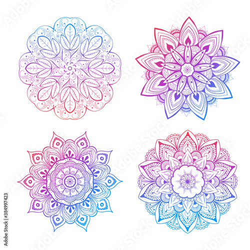 A set of beautiful mandalas and lace circles. Round gradient mandala vector. Traditional oriental ornament with a concentric gradient. Element for applying to objects for yoga, meditation, spiritual