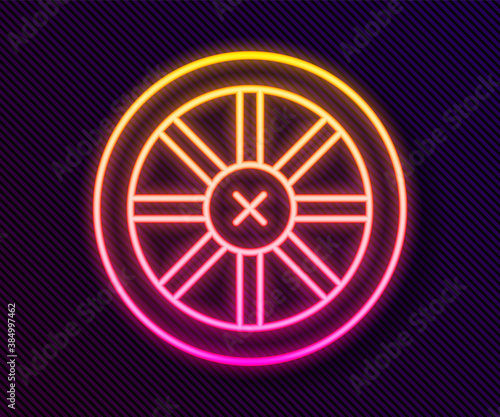Glowing neon line Old wooden wheel icon isolated on black background. Vector.