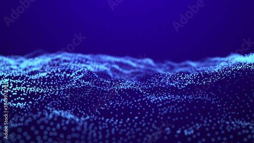 Futuristic illustration with explosion of data. Abstract background with glowing particles. Digital moving wave. 3d rendering.