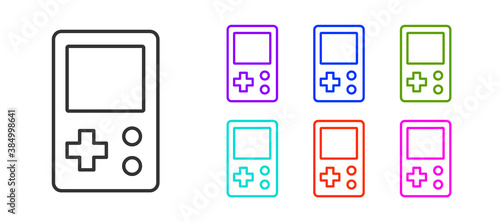 Black line Portable tetris electronic game icon isolated on white background. Vintage style pocket brick game. Interactive playing device. Set icons colorful. Vector.