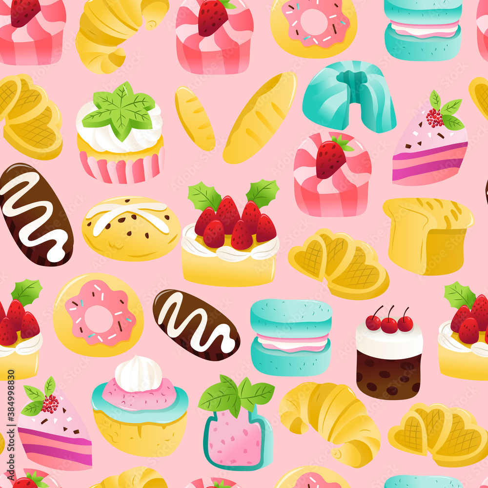 Super Cute Cakes Desserts Seamless Pattern Background