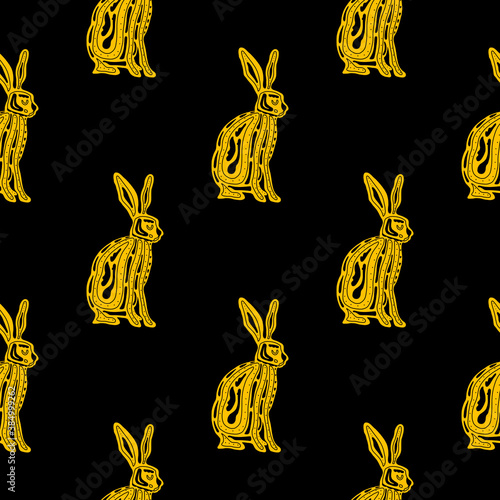 Seamless vector pattern with traditional folk motif with rabbits. monohrom vector.Perfect for wrapping paper, wallpaper, repeating elements, vintage design, notebook cover, fabric clothes design.