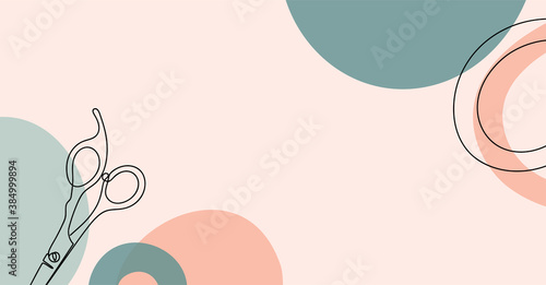 Banner of an abstract image with continuous black line of scissors and a comb with colorful abstract stains. 