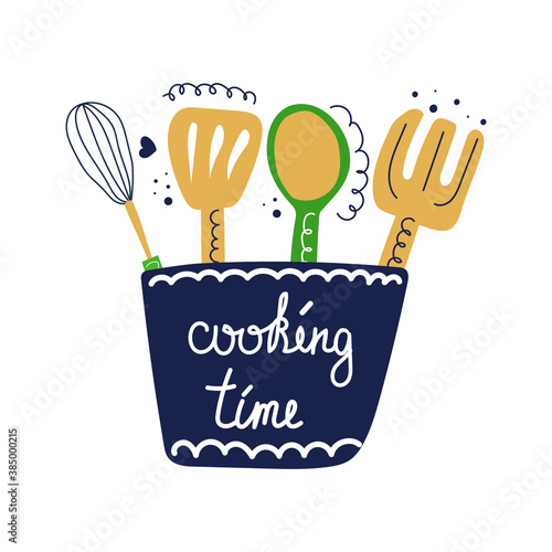Hand drawn kitchen tools in the glass with text cooking time. Cooking classes, courses, cafe concept. Flat illustration.