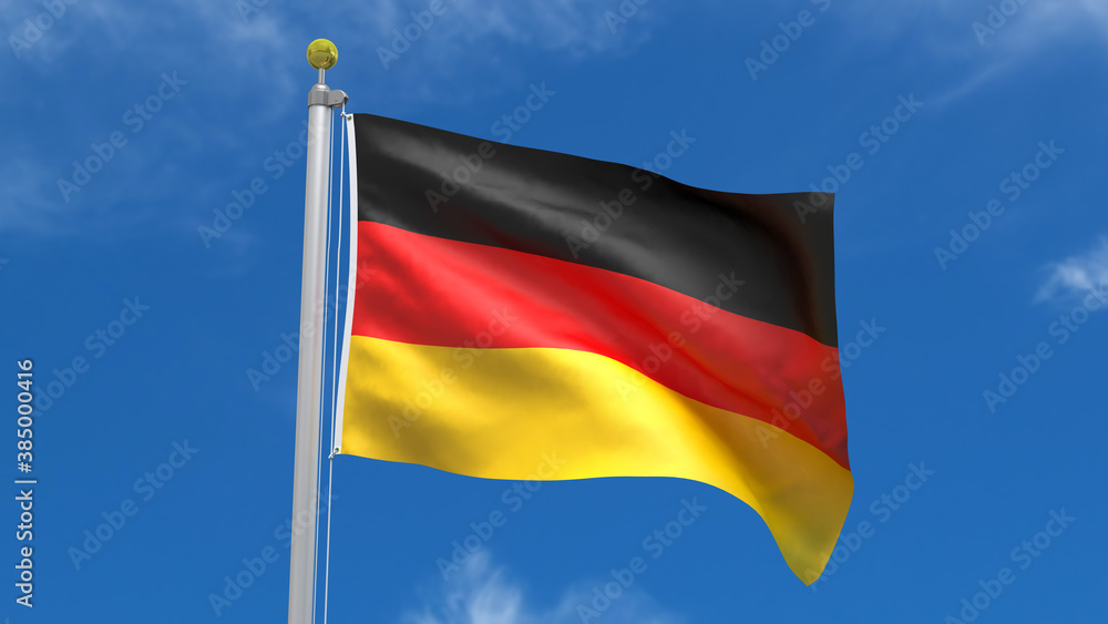 Germany Flag Country 3D Rendering Waving, fluttering against the background of the blue sky with silver pole Germany Flag Country 3D Rendering Waving, fluttering against the background of the blue sky with silver pole