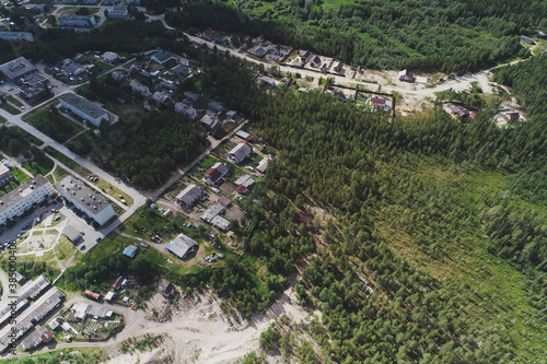 Aerial Townscape of Luvenga Town located in Kandalaksha Area in Northwestern Russia on the Kola Peninsula