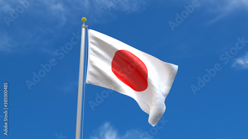 Japan Flag Country 3D Rendering Waving, fluttering against the background of the blue sky with silver pole