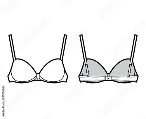 Bra contour molded cup lingerie technical fashion illustration with adjustable straps, hook-and-eye closure. Flat brassiere template front back white color style. Women men unisex underwear CAD mockup