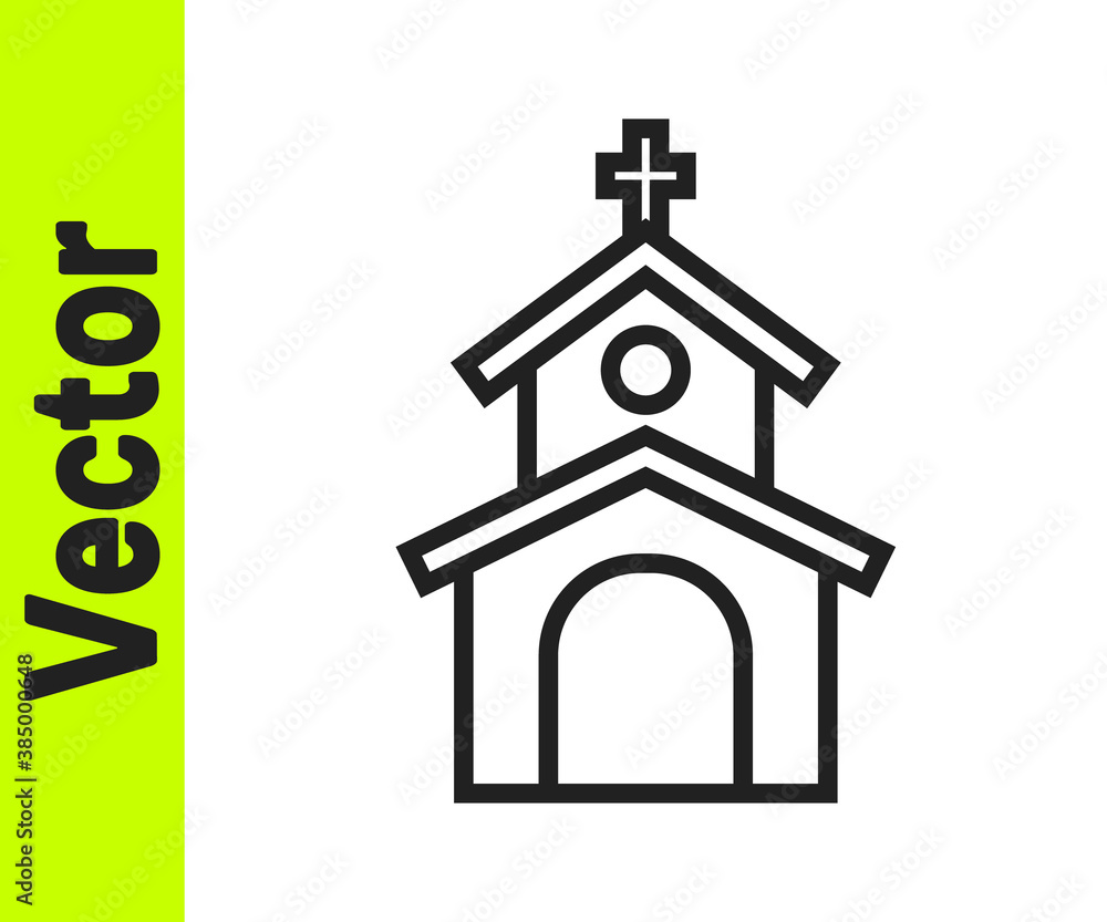 Black line Church building icon isolated on white background. Christian Church. Religion of church. Vector. Black line Church building icon isolated on white background. Christian Church. Religion of church. Vector.