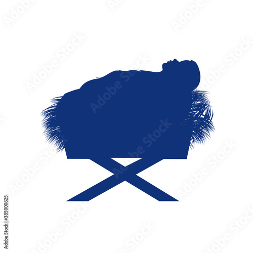 Jesus Christ baby in cradle manger, silhouette baby Jesus in manger on straw, nativity Christmas graphics design. Vector illustration with born in Bethlehem