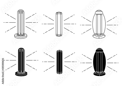 UV-C sterilizer sign. UV light disinfection icons. Set of ultraviolet sterilization lamps. Ultraviolet germicidal irradiation. Surface cleaning, medical decontamination procedure. Vector
