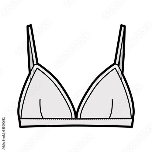 Triangle Bra lingerie technical fashion illustration with adjustable strap, hook-and-eye closure, sheer edge cups. Flat brassiere template front grey color style. Women men unisex underwear CAD mockup