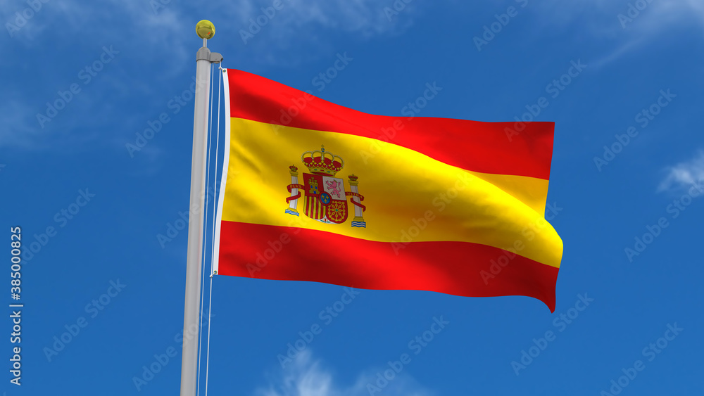 Spain Flag Country 3D Rendering Waving, fluttering against the background of the blue sky with silver pole Spain Flag Country 3D Rendering Waving, fluttering against the background of the blue sky with silver pole