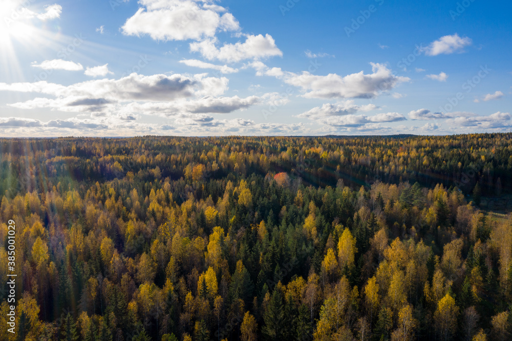 Aerial photo of sunset over rural landscape in Finland