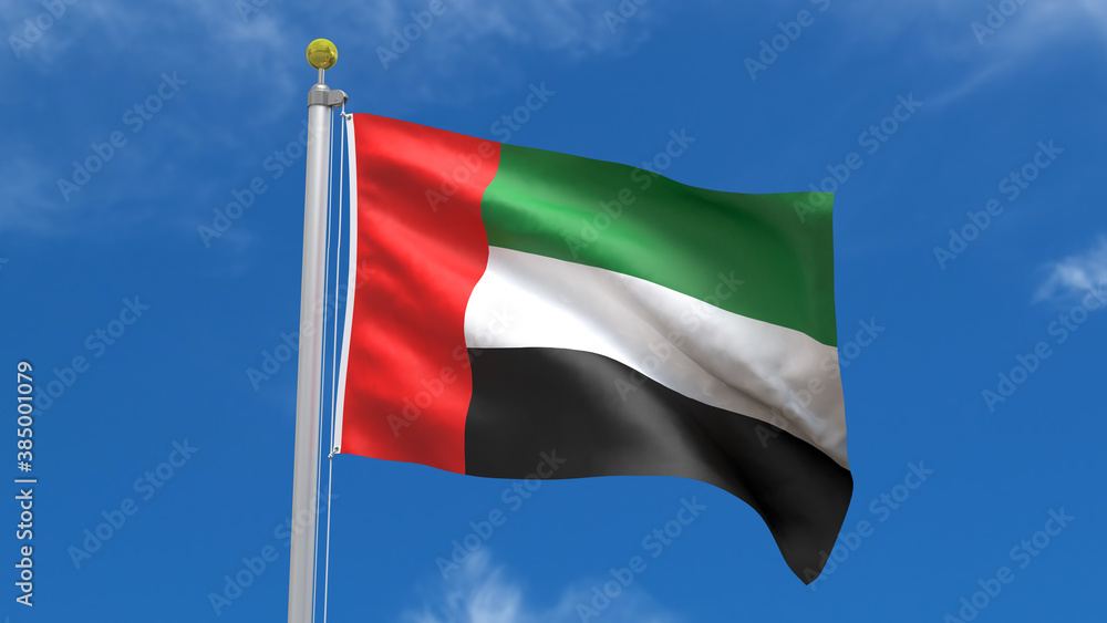 Flag Country 3D Rendering Waving, fluttering against the background of the blue sky with silver pole