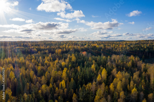 Aerial photo of sunset over rural landscape in Finland