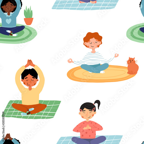 Cute seamless pattern with meditating, doing yoga and breathing exercises in various poses kids.
