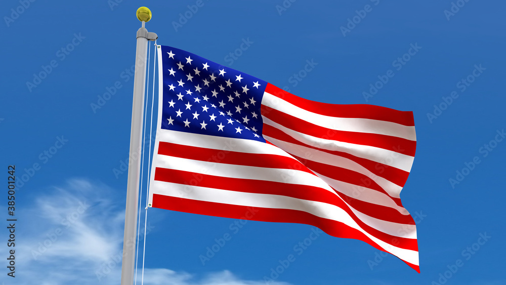 Flag Country 3D Rendering Waving, fluttering against the background of the blue sky with silver pole