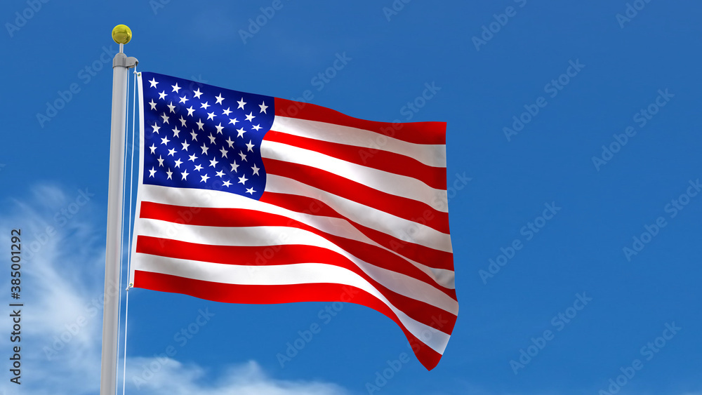 USA Flag Country 3D Rendering Waving, fluttering against the background of the blue sky with silver pole