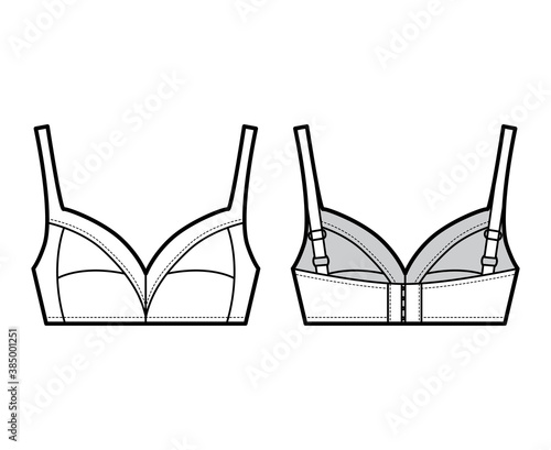 Bra soft cup lingerie technical fashion illustration with full adjustable shoulder straps, hook-and-eye closure. Flat brassiere template front, back white color style. Women men underwear CAD mockup