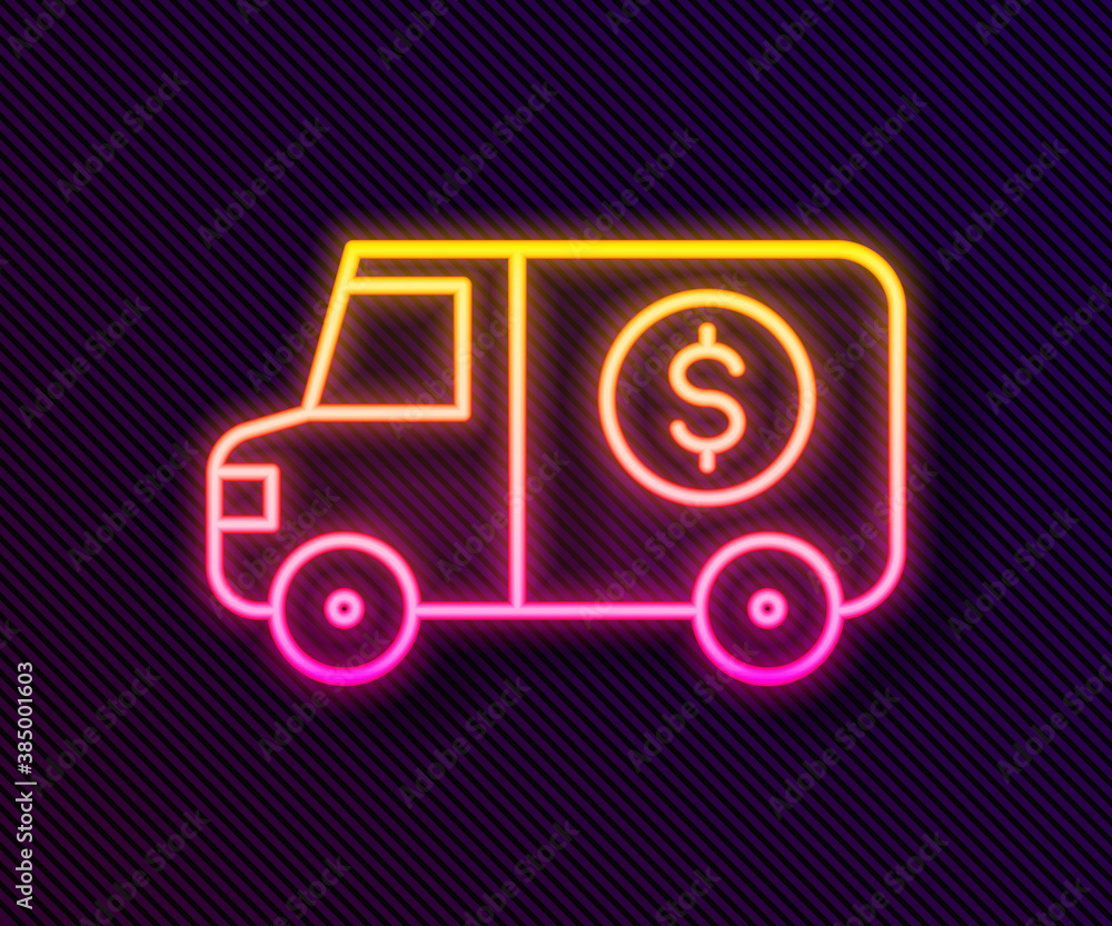 Glowing neon line Armored truck icon isolated on black background. Vector. Glowing neon line Armored truck icon isolated on black background. Vector.