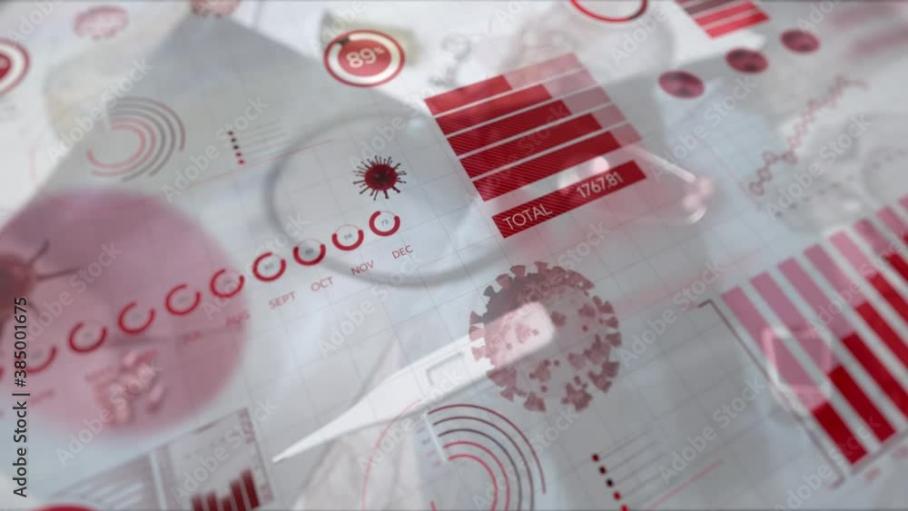 Coronavirus digital interface against digital thermometer falling Coronavirus digital interface against digital thermometer falling