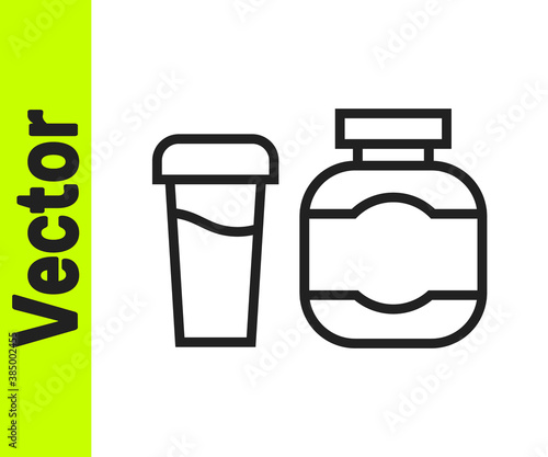 Black line Sports nutrition bodybuilding proteine power drink and food icon isolated on white background. Vector.