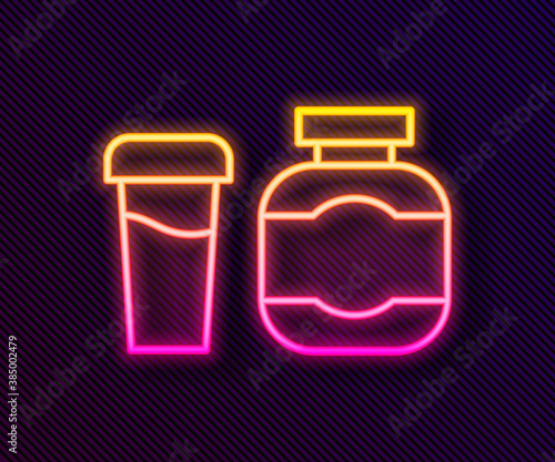 Glowing neon line Sports nutrition bodybuilding proteine power drink and food icon isolated on black background. Vector.