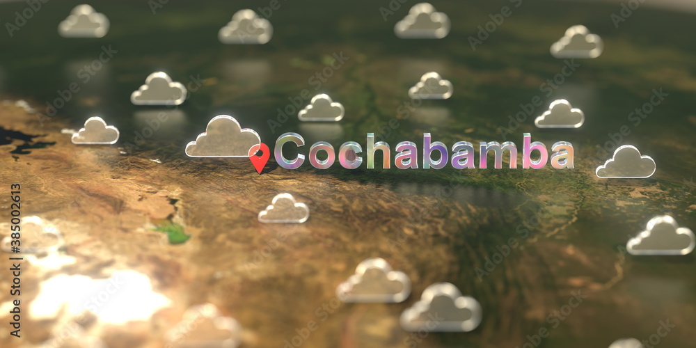 Cloudy weather icons near Cochabamba city on the map, weather forecast related 3D rendering Cloudy weather icons near Cochabamba city on the map, weather forecast related 3D rendering