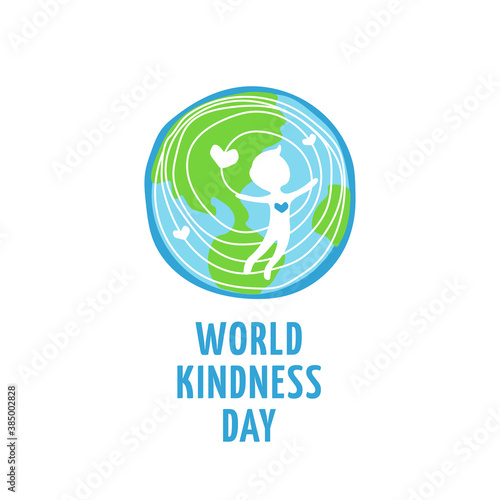 World kindness day logo. Random acts of kindness day emblem. Caring, responsibility, altruism of people. November 13. Man and hearts and planet. Vector illustration.