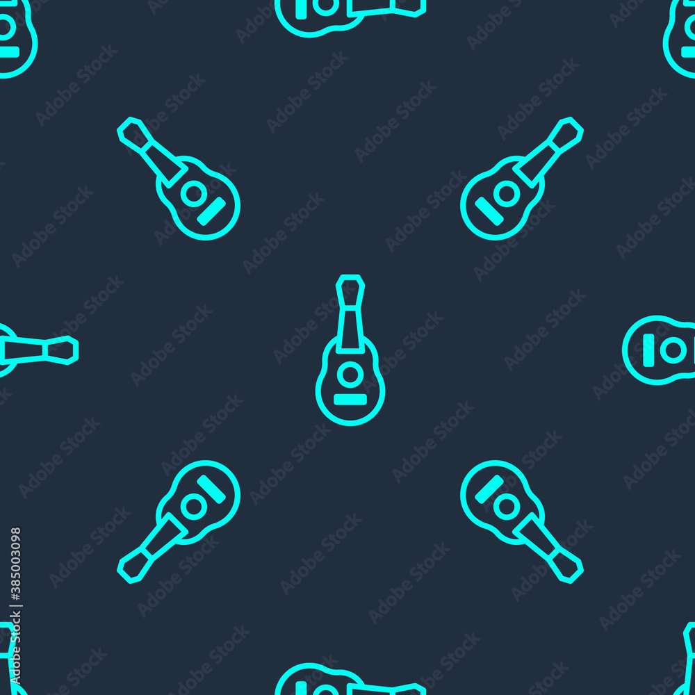 Green line Guitar icon isolated seamless pattern on blue background. Acoustic guitar. String musical instrument. Vector.