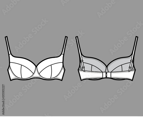 Bra lingerie technical fashion illustration with full adjustable shoulder straps, molded cups, hook-and-eye closure. Flat brassiere front, back white color style. Women men unisex underwear CAD mockup