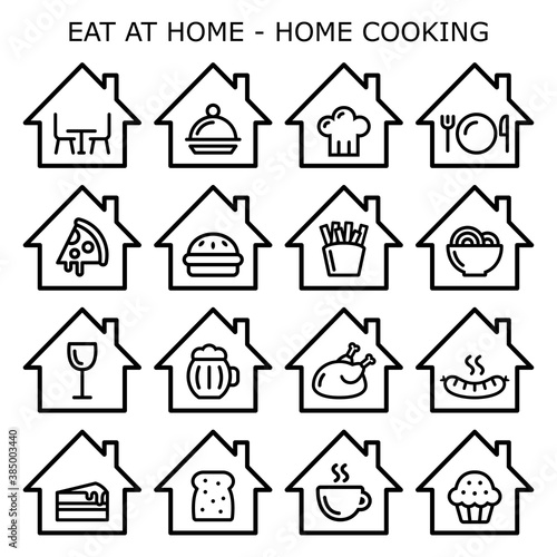 Eating at home, home cooking vector icons set, staying in concept,  cooking dinner or baking a cake or bread at home
