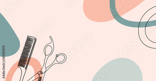 Banner of an abstract image with continuous black line of scissors and a comb with colorful abstract stains. 
