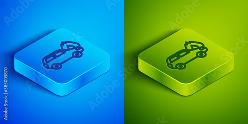 Isometric line Burning car icon isolated on blue and green background. Car on fire. Broken auto covered with fire and smoke. Square button. Vector.